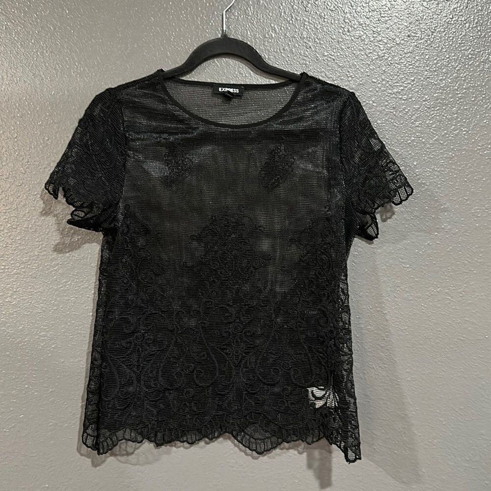 Express Black Mesh Embroidered Blouse XS